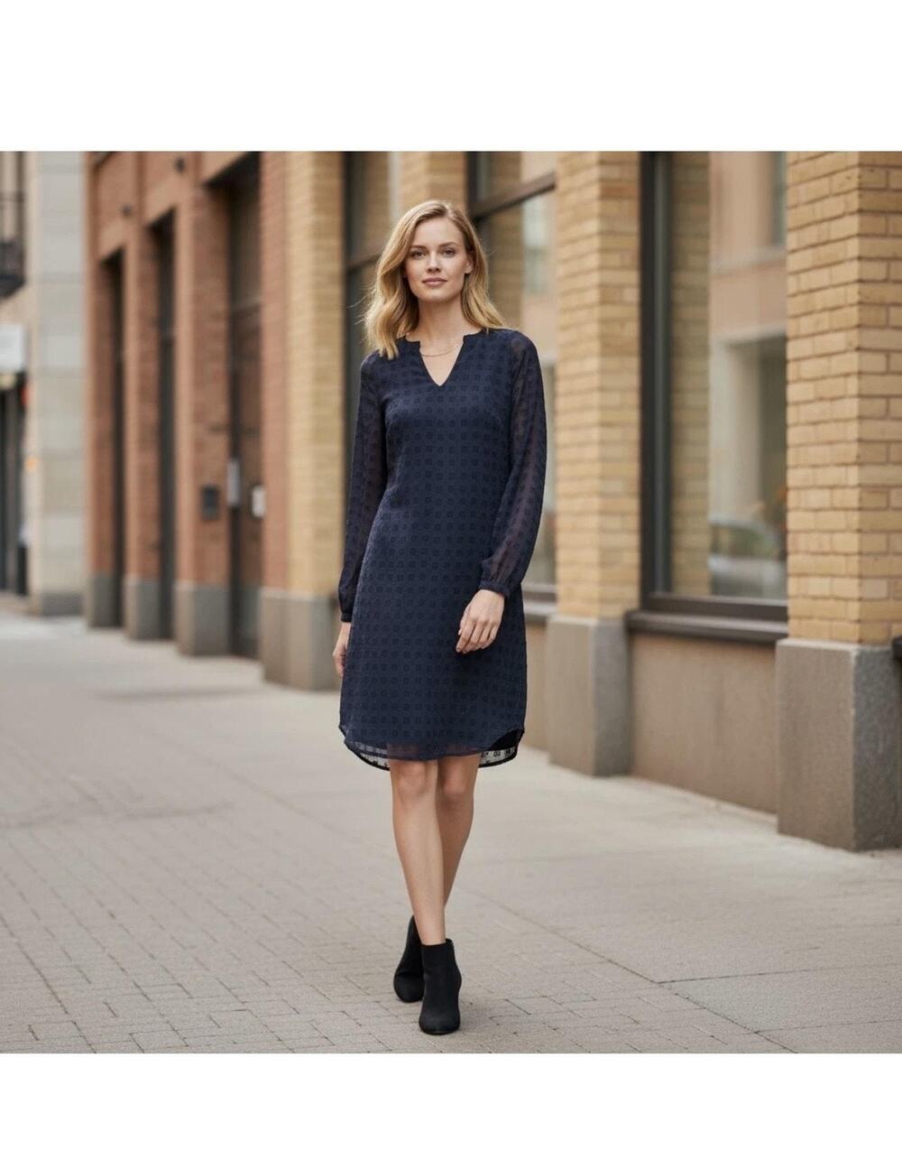 Cabi Dress Women's Large Blue Geometric Chiffon Shift V Neck Lined Long Sleeve
